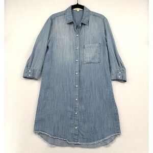 Cloth & Stone Chambray Shirt Dress Button Front Frayed Hem Blue White Speckle S